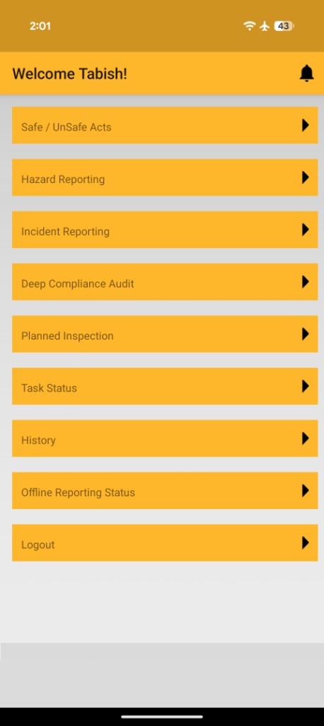 RixSafe home menu: Safe and UnSafe acts, hazard and incident reporting, deep complaint audit, planned inspection, task status, history, and offline status