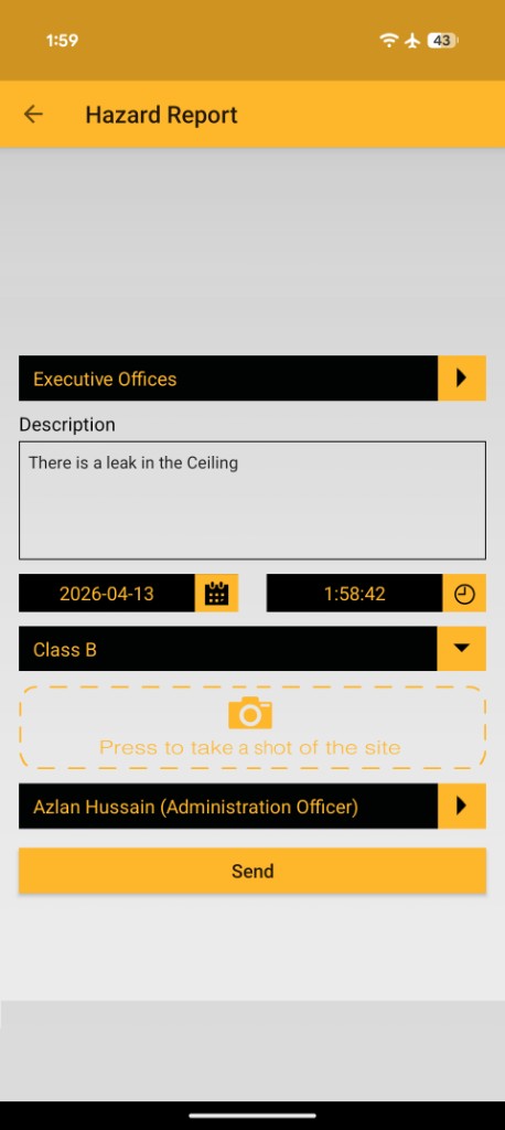 Hazard report form with location, description, date, classification, photo, and reporter