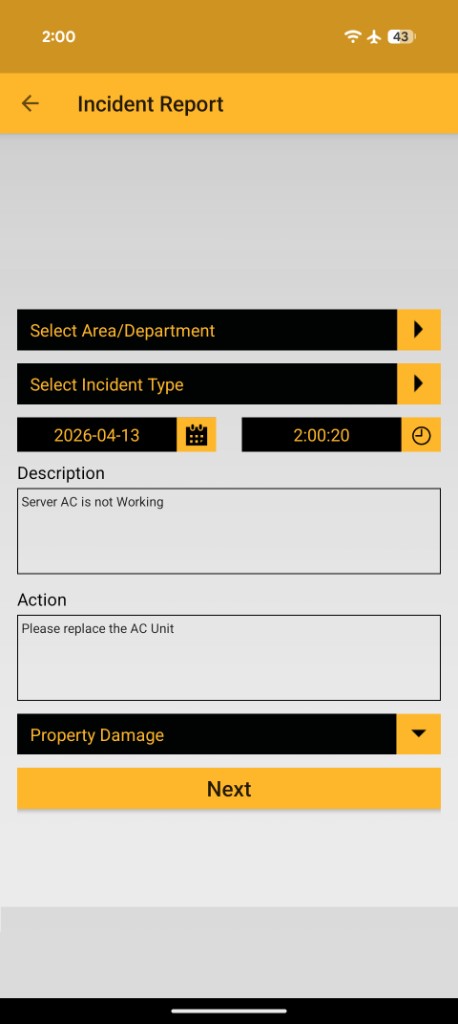 Incident report with area, incident type, date and time, description, action, and property damage