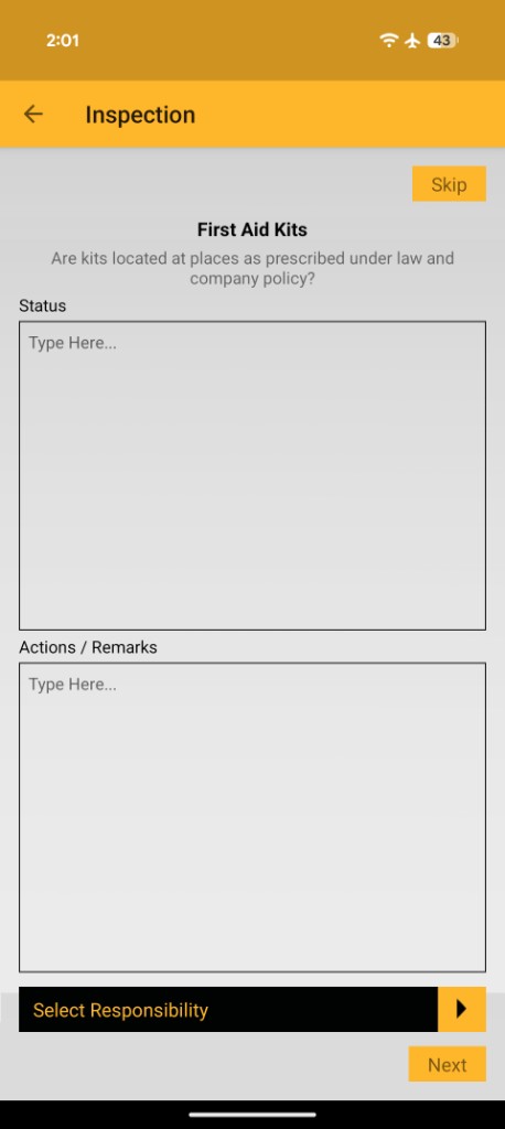 Inspection screen for First Aid Kits with status, actions, Select Responsibility, and Next