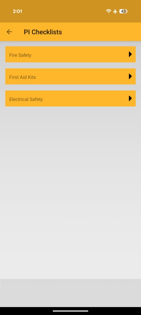 PI Checklists menu with Fire Safety, First Aid Kits, and Electrical Safety