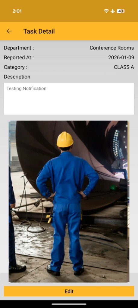 Task detail with department, category, description, attached site photo, and Edit button